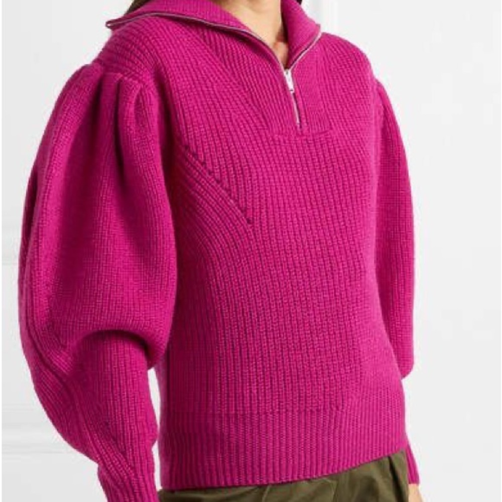 Isabel Marant pouf sleeve wool zip front pullover sweater, Made in Italy, Sz 38